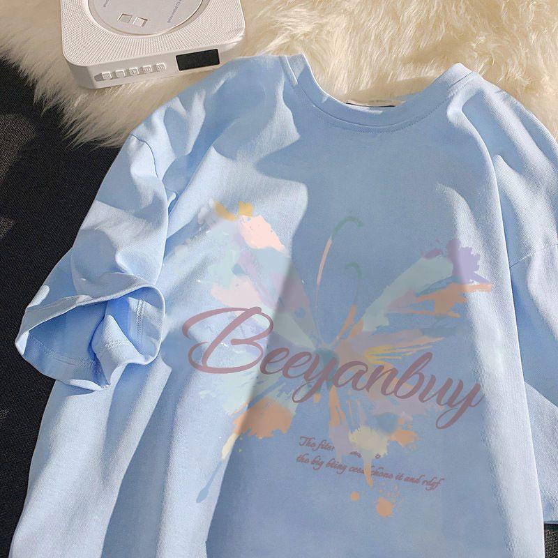Product Introduction of 2024 Summer New Products in Stock Butterfly Print Short-Sleeved T-shirt Women's Loose All-Match Korean Style Tummy Hiding 13