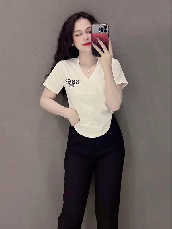 Áo Thun Ôm Cổ Tim Vạt Bầu Nữ [Mã B63], Form Tôn Dáng Cotton [6868] Top Women Cổ Trái Tim Màu Đen Shirt Cổ Tròn Sơ Mi Màu Trắng 6