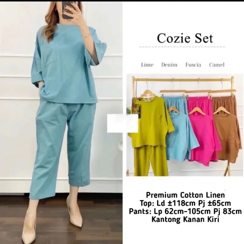 Cozie Set ( Top & Pants ) Setelan One SET Linen Terbaru Wanita MUAT BB 40 - 80 KG 1