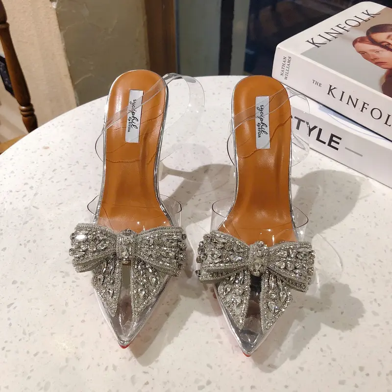 Giày Cao Gót Bít Mũi Nhọn 9cm Gót Mica Trong Suốt Quai Hậu Phối Nơ Đính Đá Xinh Sang Lên Chân Tôn Dáng Sandal Sục Cao Gót 9p Giày Đẹp Storevn TD 2