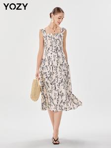Yozy Ditsy A Line Dress/ Floral Print Pleats Casual Sleeveless Midi Dress, 2024 Back To School Women's Daily Wear for Spring & Summer, Dress Hide Tummy