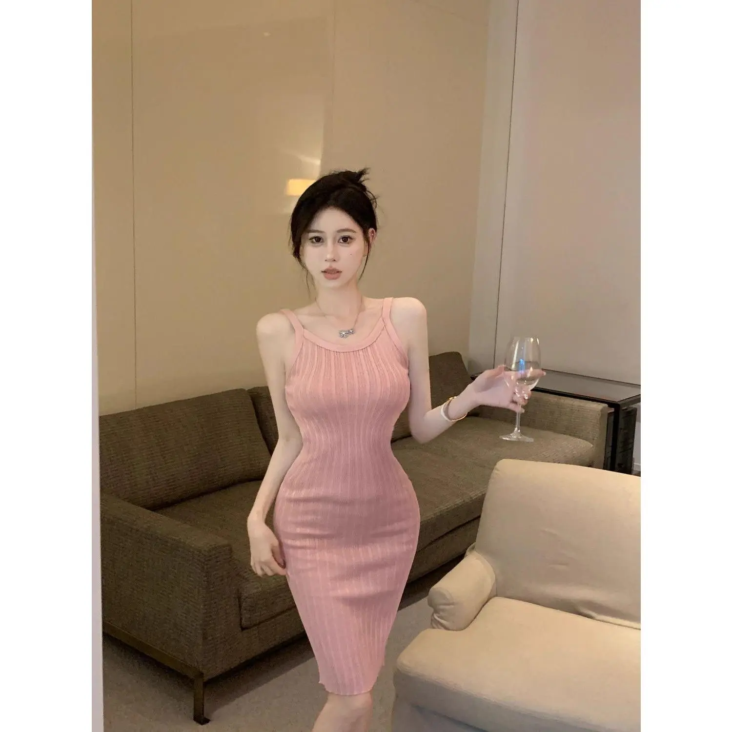 Váy Dệt Kim Cổ Yếm Cảm Giác Cao Cấp Dành Cho Phụ Nữ, Bó Sát Hông, Thích Hợp Mặc Trong