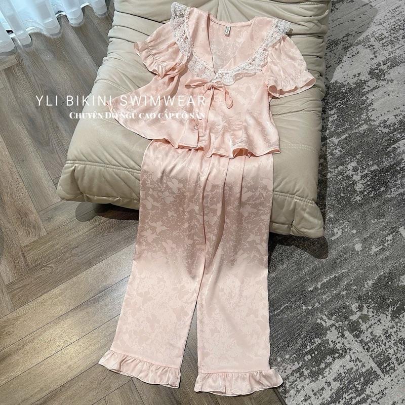 [ YLI BIKINI SWIMWEAR ] Bộ lụa gấm cộc dài vòng ren hồng cam leisui bướm chìm QC cao cấp 1
