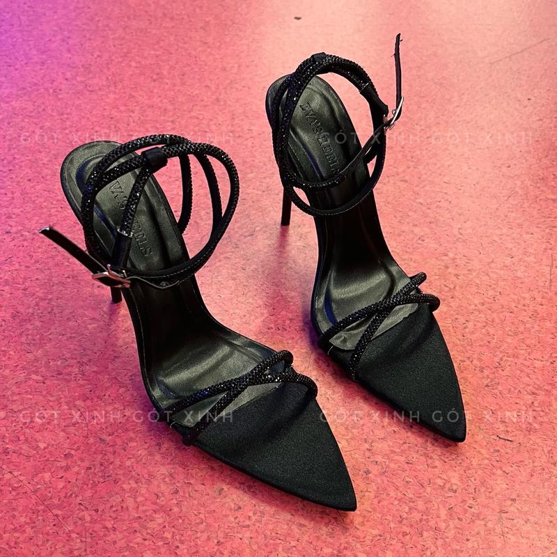 GÓT XINH - Giày sandal cao gót nhọn full quoai đá chéo đen quấn cổ đi tiệc sang trọng cao 8 9 10 11 12cm (ĐĐX)Nữ Shoes DéP Women hoa giày  sandal