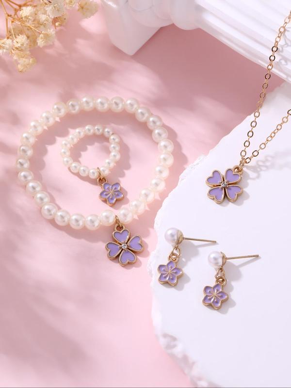 Cute Four-leaf Clover Design Faux Pearl Decorated Jewelry Set, Fashion Necklace Earrings Ring Bracelet for Girls, Trendy All-match & Exquisite Jewelry for Birthday Gift 2