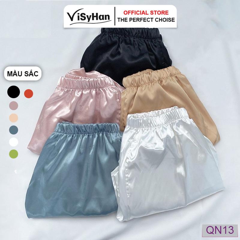 Quần Đùi Ngủ Nữ Lụa Bóng Chất Dày Cạp chun VISYHAN QN13 Nhung Women Voi Kem Áo 1