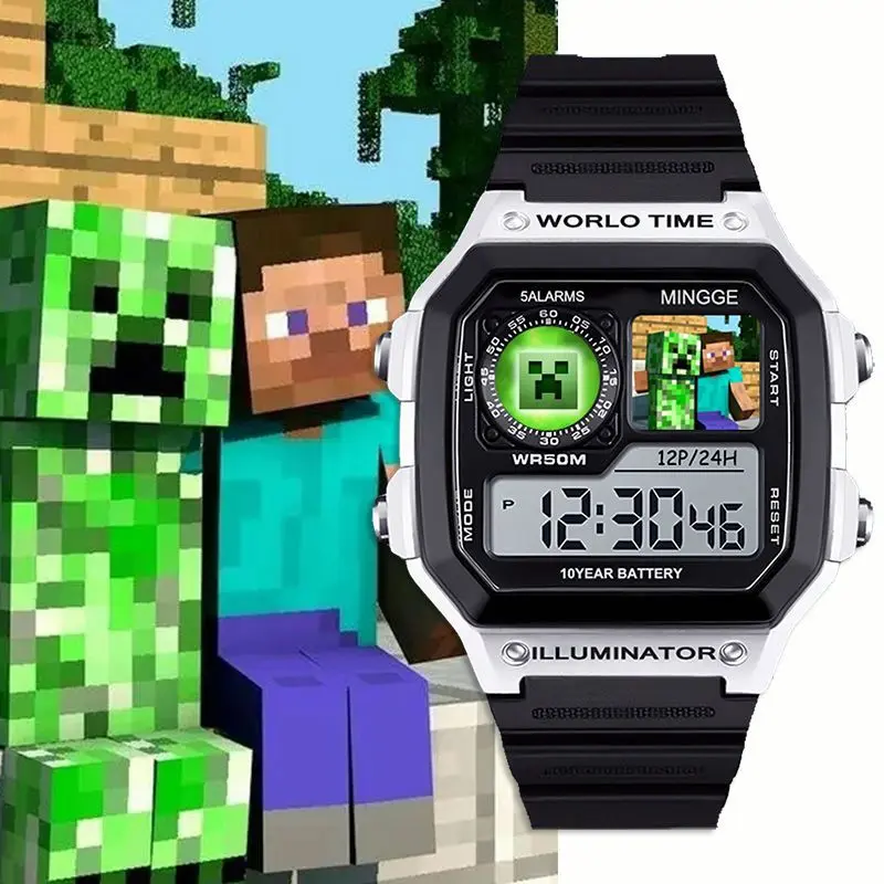 2025 Minecraft MC Game Peripheral Steve Student Sports Electronic Watch Alarm Clock Digital Waterproof Silent Watch