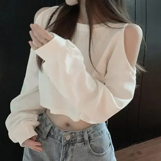 Korean Lazy Crop Short Shirt Shoulder Long Sleeve Casual Female Top