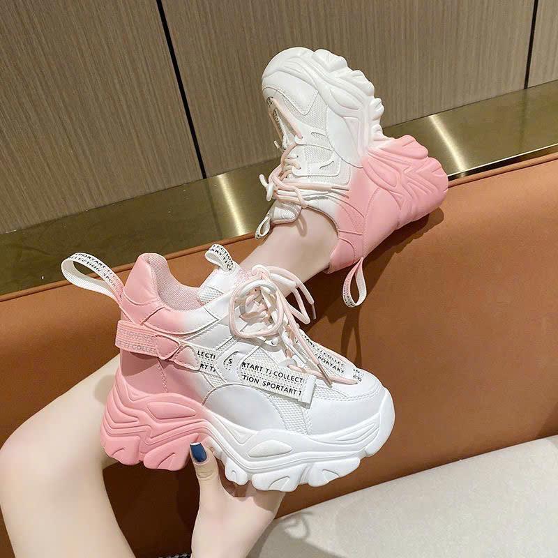  Giày thể thao nữ độn đế cao 11 phân da PU gót phối màu thời trang cá tính tôn dáng 