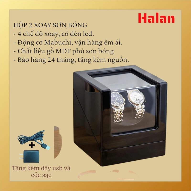 Hộp 2 xoay sơn mài bóng đen - Có đèn led - 4 chế độ xoay - mở nắp tự dừng - giúp đồng hồ cơ luôn đúng giờ