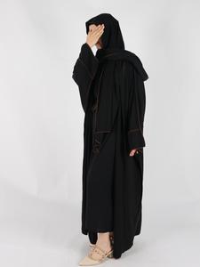 Women's Solid Color Muslim Islamic Clothing Set, Long Sleeve Open Front Abaya & Belt & Hijab Set, Co-ords Set, Modest Three-piece Outfit for Women