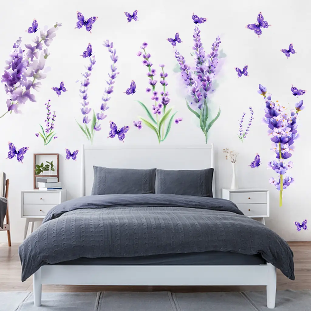 New Purple Lavender Wall Stickers Removable Self-adhesive Flowers Butterfly Wall Decals DIY Mural for Bedroom Home Decoration