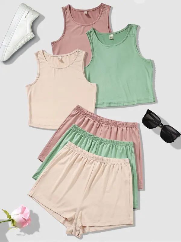 Women's Solid Round Neck Loungewear Set, Casual Tank Top & Elastic Waist Shorts Set, Women's Sleepwear for All Seasons, Summer Outfits 2024, Homewear 0