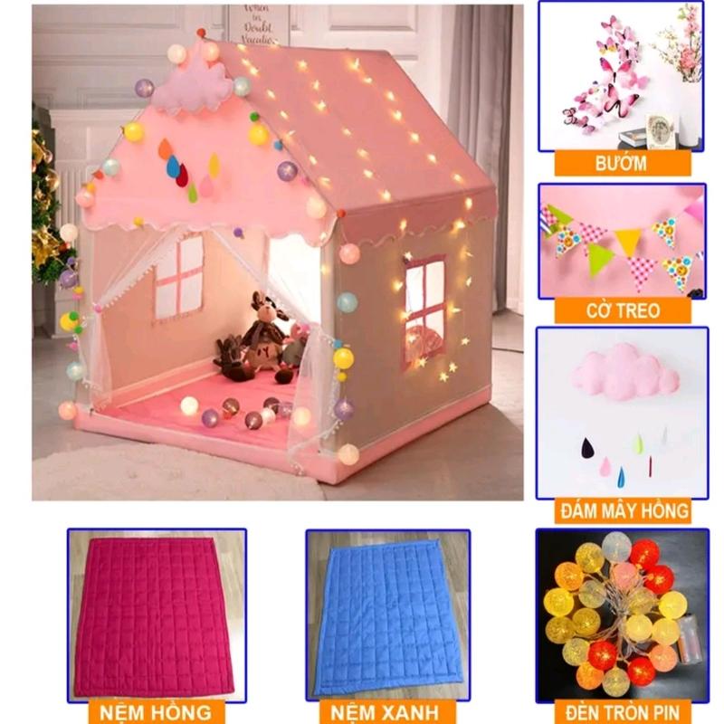 Phụ kiện trang trí lều vải, lều công chúa cho bé, thảm hồng, thảm xanh, đèn tròn chạy pin, đám mây