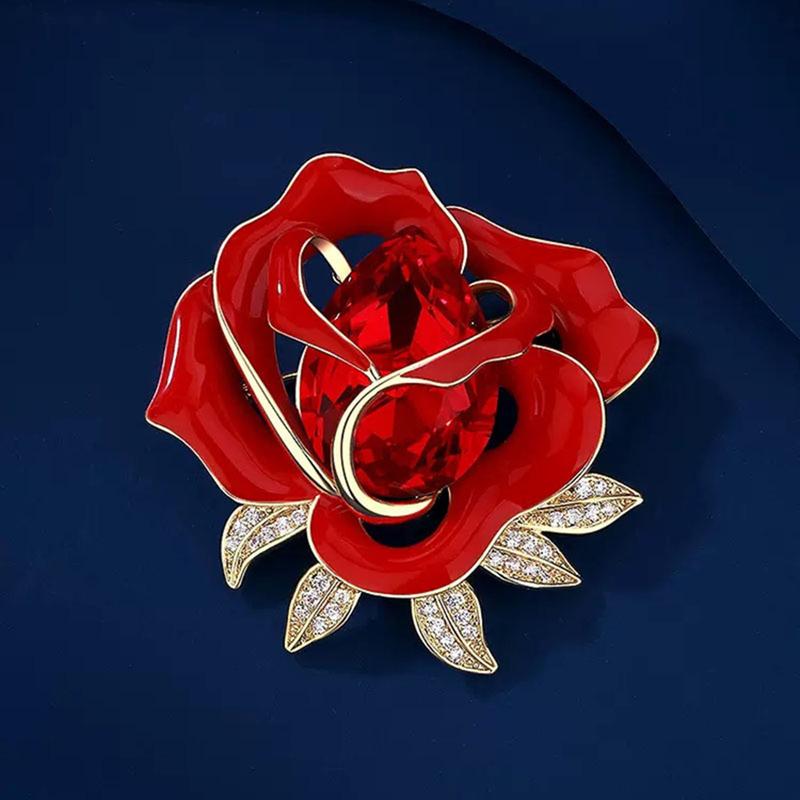 Elegant Red Rose Flower Shape Brooch Shining Rhinestones Inlaid Pin Evening Gown Dress Badge Coat Party Accessories 7