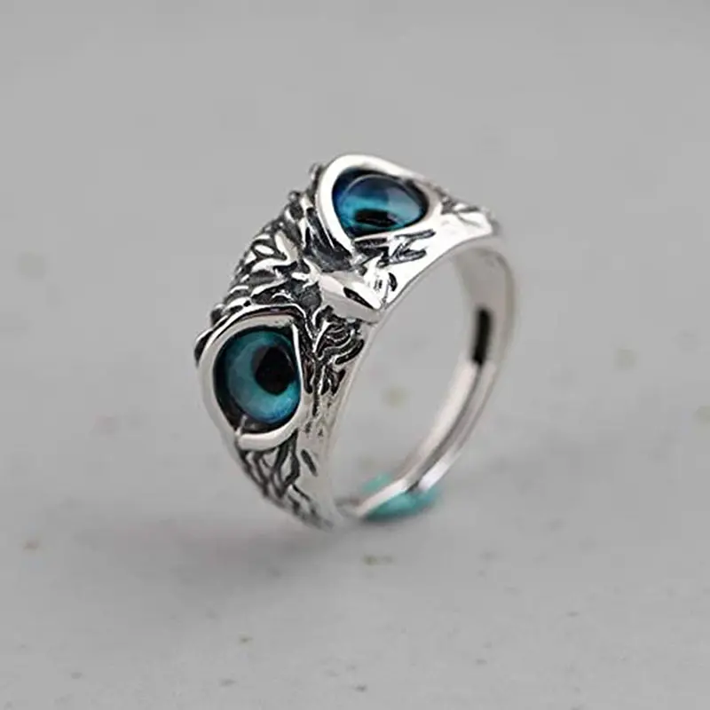 Vintage Animal Open Adjustable Blue Eyes Owl Ring Men and Women  Party Gift