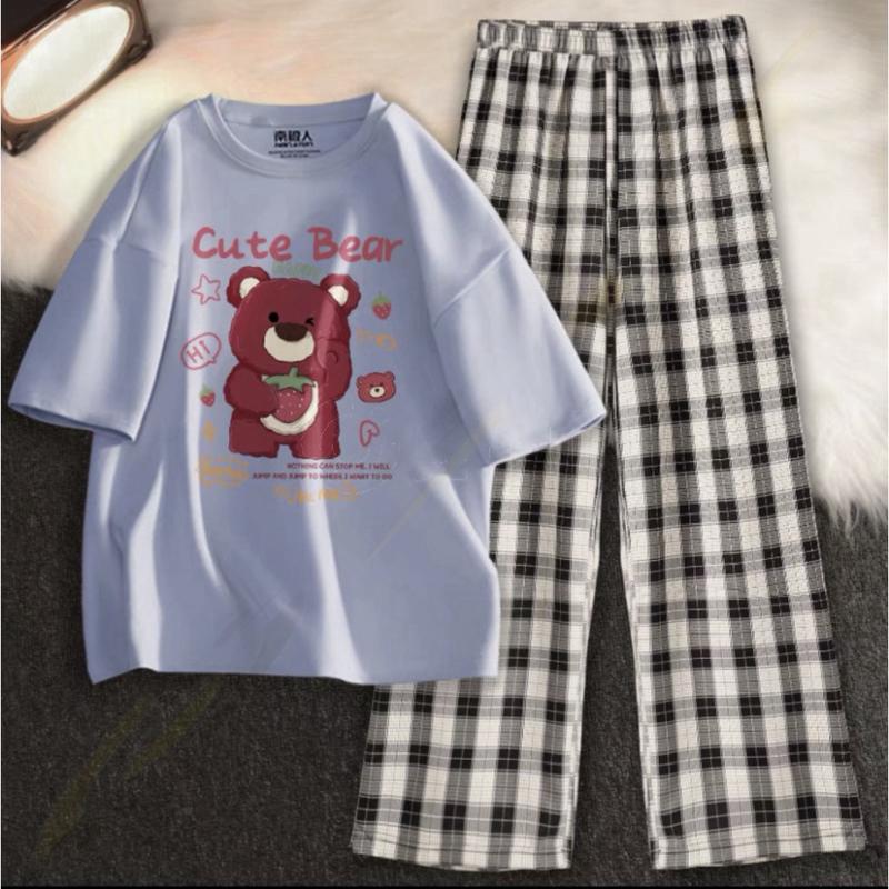 [MIỄN PHÍ SHIP]Sét Áo phông Gấu Cute bearKèm quần kẻ Karo nhiều màu, Áo thun from rộng, Chất đẹp không xù, quần suông ống rộng  DV-Erina cute 3