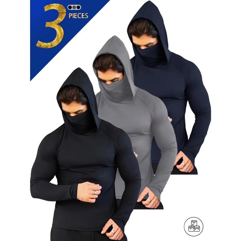 3pcs Men's Hooded Compression Tops with Face Mask - Quick-Dry ...