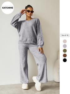 Slouchy Solid Color Scoop Neck Long Sleeve Loose Top & Stretch Trousers Co-ord