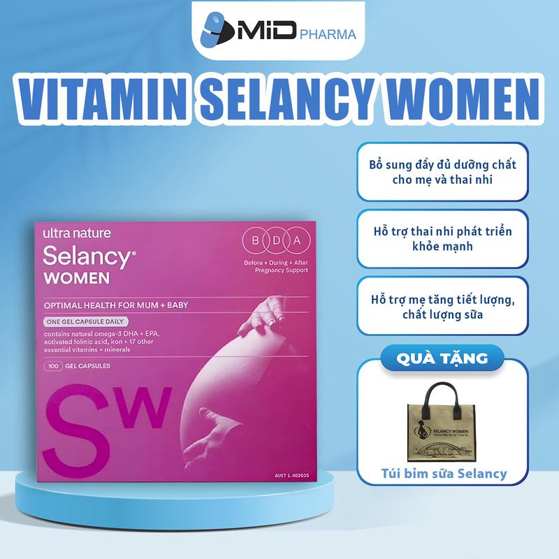Vitamin Bầu Selancy 100 Viên Cung Cấp Đủ Vitamin, Sắt, Acid Folic, DHA Không Gây Táo Bón Cho Mẹ Bầu Của Úc - Tặng Túi bỉm sữa Selancy