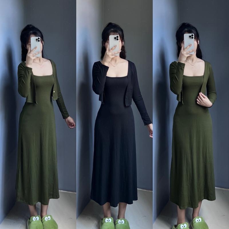 (Dài 115m) Đầm 2 Dây thun tăm Dáng Dài Kèm Áo Khoác, NÊN TĂNG SIZE