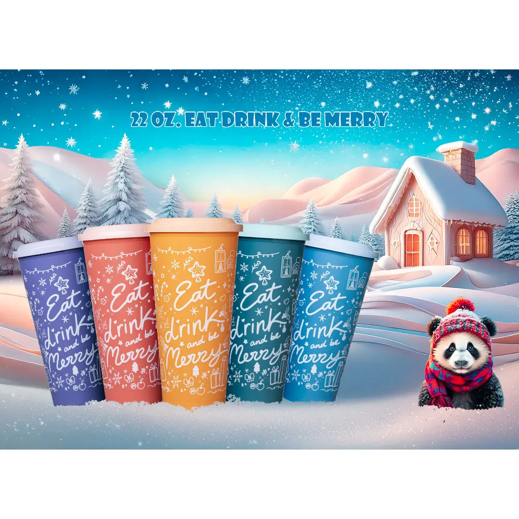(แพ็ค20ชิ้น)แก้ว 22 oz. แพนด้า ปาร์ตี้ Eat Drink & Merry พร้อมฝา 90 มิลสมอกำลังร้อน สมอเป็นแบบเดียวกัน ร้านค้าร้อน จัดส่งเฉพาะจุด จัดส่งกทม.