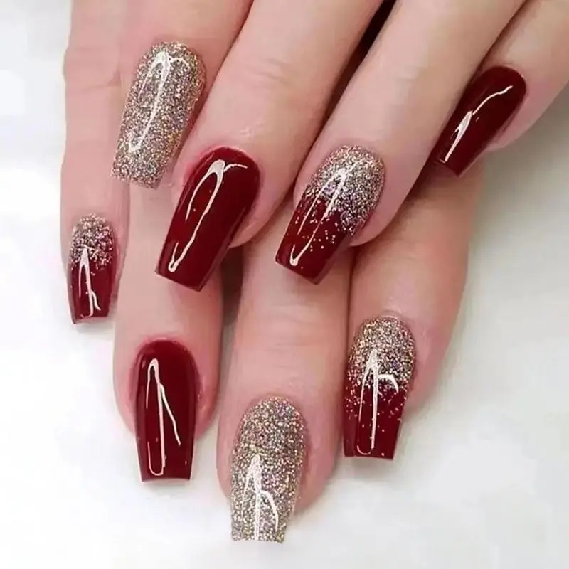 Medium Glitter False Nail, 24pcs Glossy Fake Nail & 1 Count Tape & 1 Count Nail File, Press on Fake Nail for Women & Girls DIY Nail Art