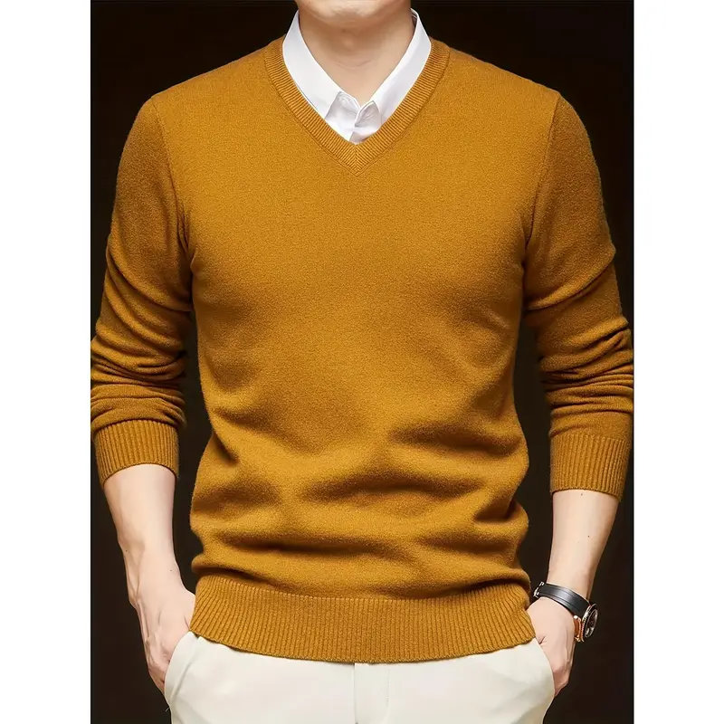 [Long Sleeve V-Neck Pullover Sweater] Men'S V-Neck Pullover Sweater, Rayon Blend Knitwear, Solid Color, Long Sleeve, Regular Fit, Stretch Fabric, for Daily & Casual Wear 0