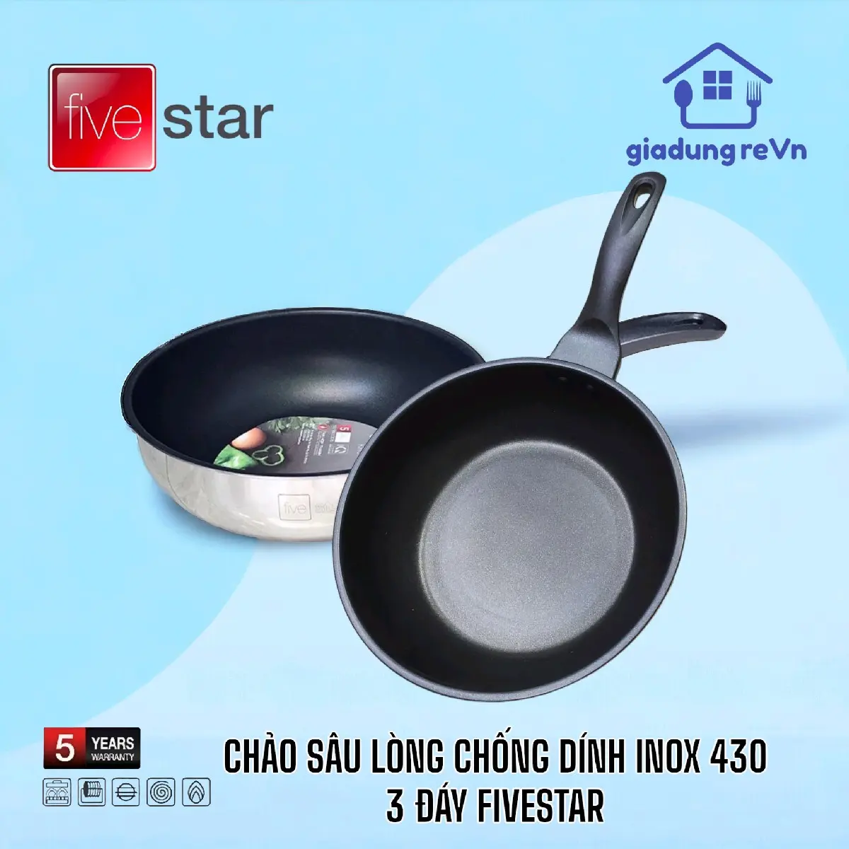 Chảo Sâu Lòng Chống Dính Inox 430 3 Đáy Cao Cấp Fivestar