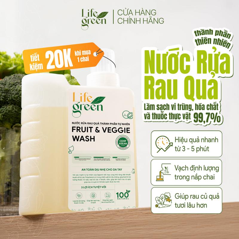 Nước ngâm rửa rau củ quả sinh học Life Green, Saponin thực vật, Không hương liệu - 880ML.