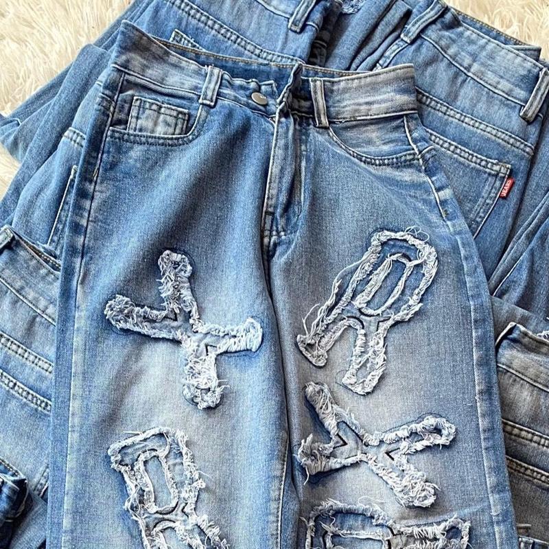 Quần Jean Nữ Ống Rộng  Chữ Nổi  Thêu Màu Xanh Dáng Dài BC926 ( Size bé)