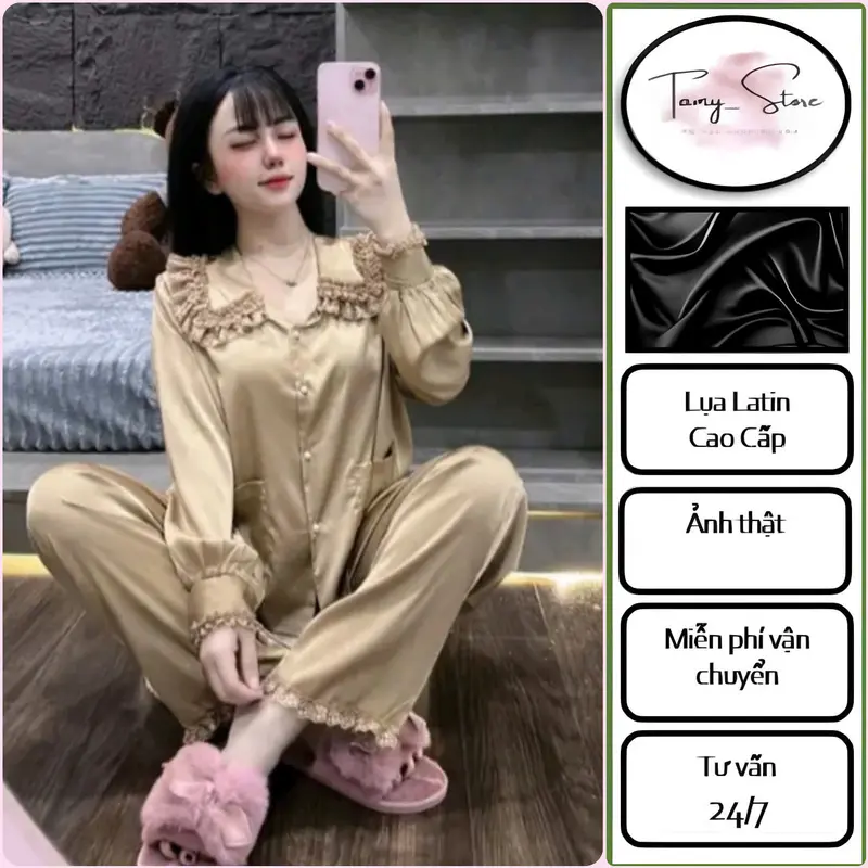 Đồ Ngủ Nữ, Đồ Bộ Tiểu Thư TAMY Pijama Tay Dài Cổ Sen Ren Tầng Chất Lụa Latin Mát Mịn - Freesize < 58Kg 0