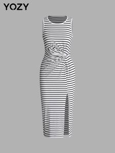 YOZY Striped Print Twist Split Thigh Tank Dress/ Casual Sleeveless Round Neck Ribbed Dress, 2024 Women's Summer Outfits for Daily Wear, Summer Dresses 2025