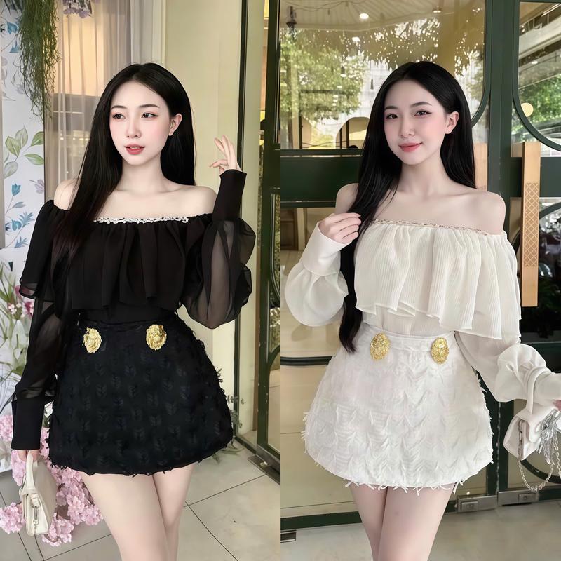 set đồ nữ thiết kế áo tay dài trễ vai chất voan tơ gãy đính đá phối chân váy len ren lông đính phụ kiện sang chảnh xinh xắn dễ thương phù hợp cho các nàng đi tiệc đi chơi đi chúc tết đi du lịch Top Women