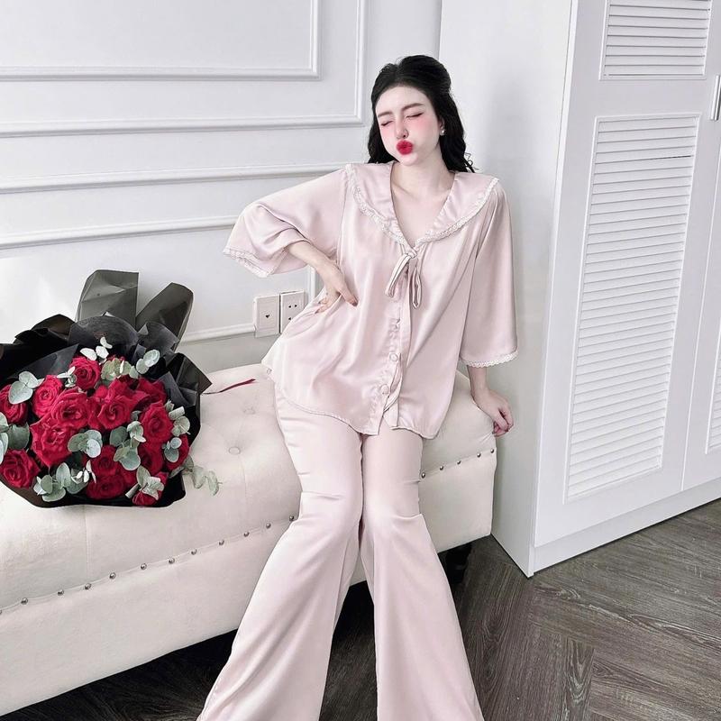 From RỘNG (45-70kg) Bộ Quần Áo Tiểu Thư Quần Dài, Áo Nơ Tay Lững Phối Ren Nữ Women 7
