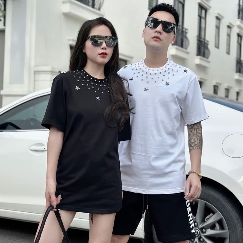 Áo phông unisex đính đá ngôi sao quanh vành cổ basic ngắn và dài tay nam nữ vải cotton/nỉ hot trend | TD Luxury Menswear Top Cổ Tròn Trắng aothun  basic