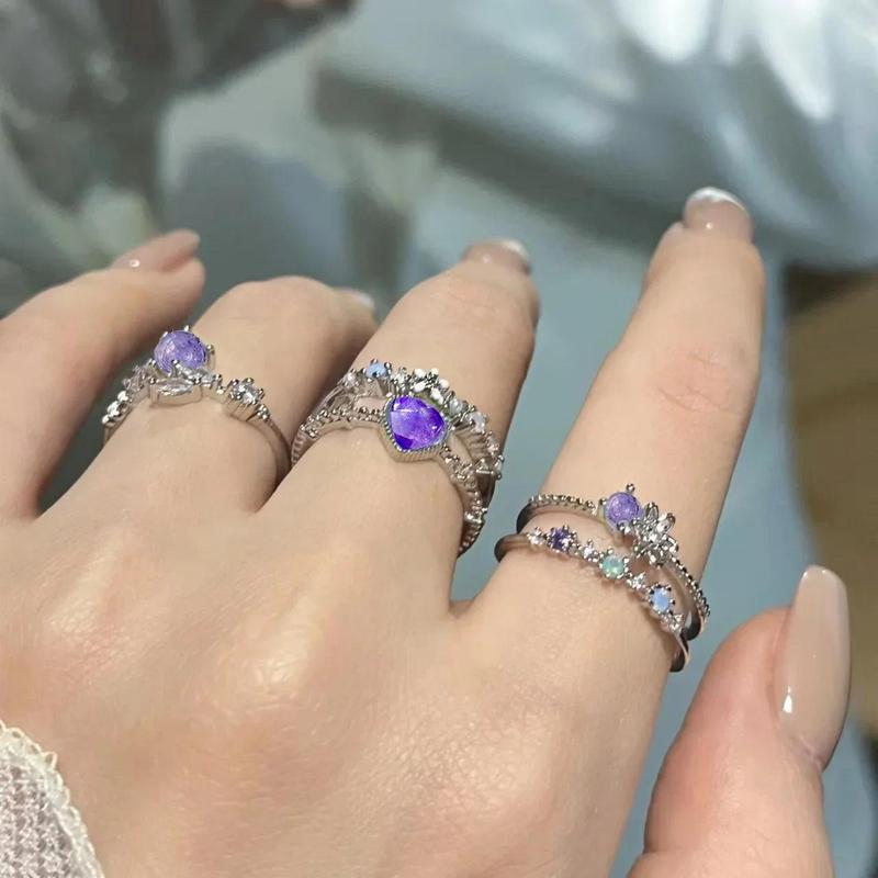 Product Introduction of 3 Pcs/set Y2K Purple Color Heart Zircon Rings for Women Fashion Retro Gothic Shiny Queen Ring 2024 Hot Party Gifts Lucky Jewelry 2