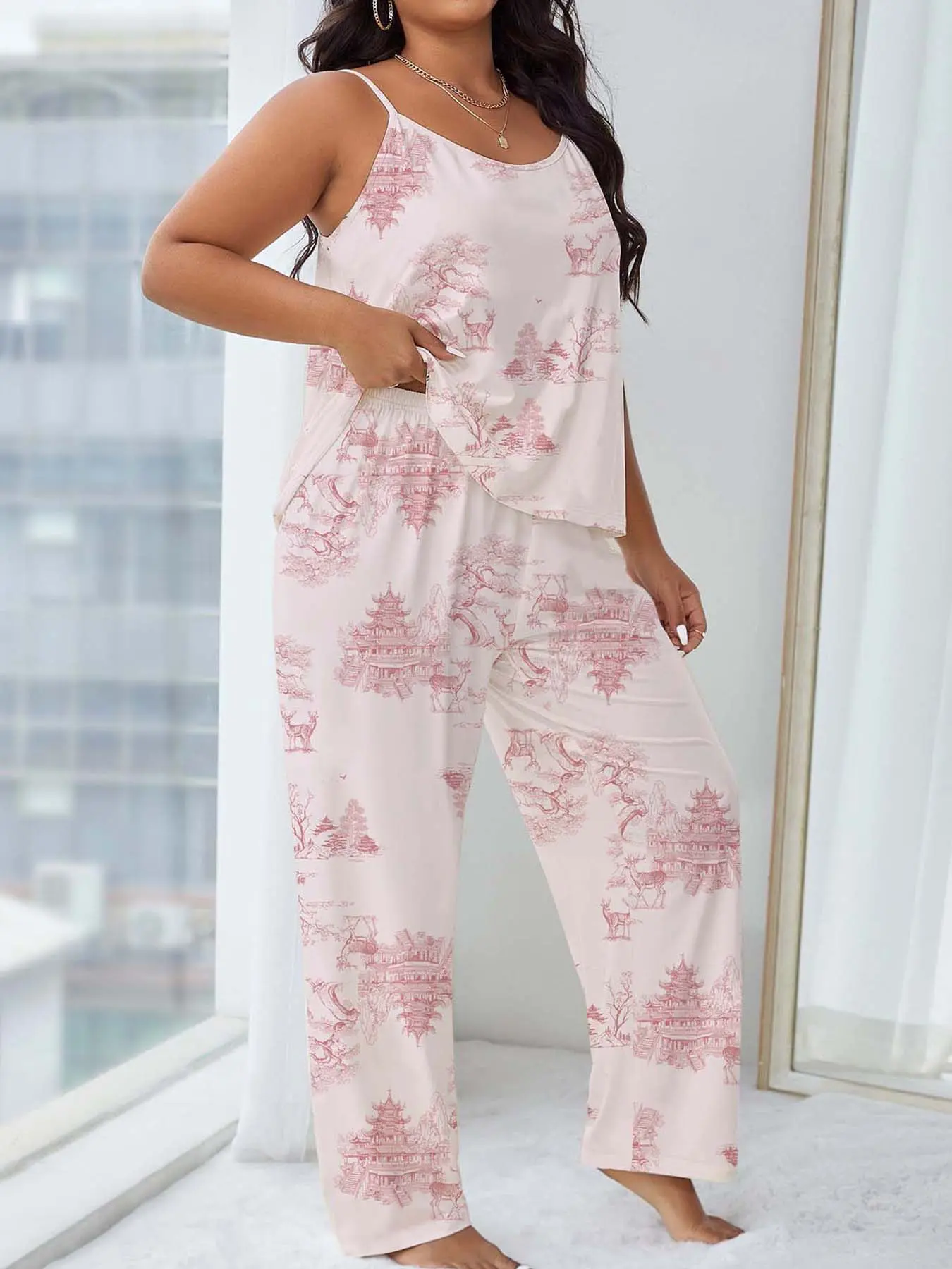 【Plus Size】 Landscape Print Cami Top & Elastic Waist Pants Pyjama Two-piece Set, Casual Comfy Spaghetti Strap Camisole & Trousers PJ Set, Women's Sleepwear for Summer, Loungewear