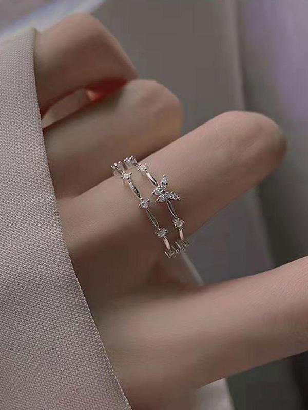 Women's Double-layered Artificial Zircon & Butterfly Design Adjustable Ring Without Box, Elegant Fashion Accessories for Women & Girls Party Wedding Gift 2