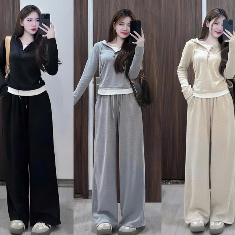  Set bộ nữ tăm lạnh thiết kế áo dài tay cổ bẻ phối viền dính nút mix quần dài ống rộng xinh xắn dành cho các nàng diện di chơi. 