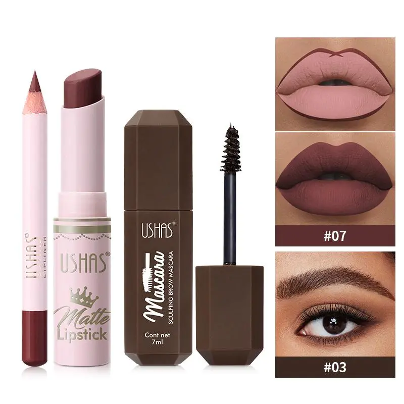Makeup Set, 1pc Matte Lipstick & 1pc Lip Liner & 1pc Eyelash Curl Mascara, Long Lasting Waterproof Lipstick, Lip Liner, Eyelash Curl Mascara, Makeup Set for Women