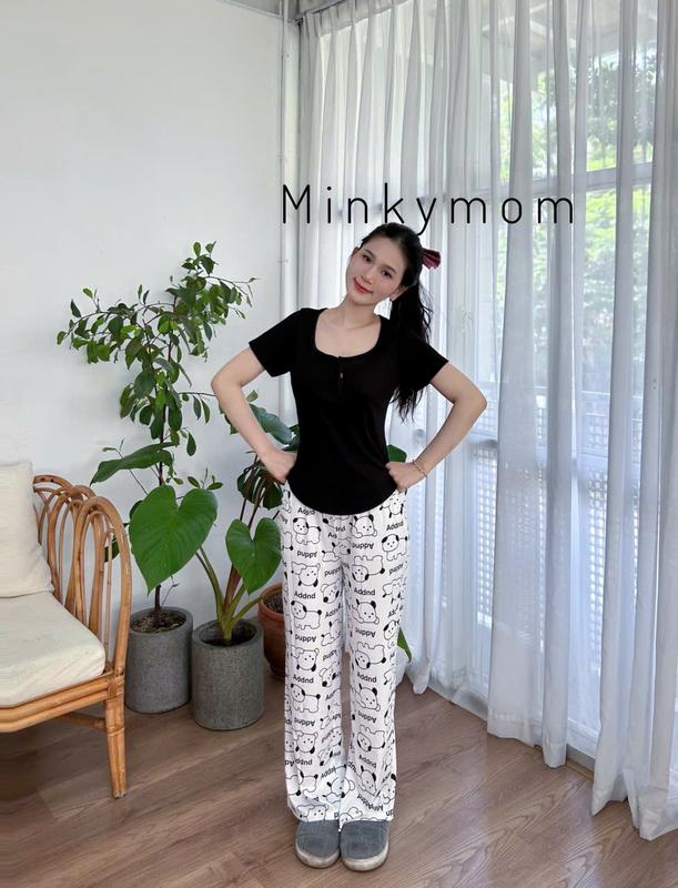 [ FREE SHIP ]Full Size(42-69kg)áo tay ngắn  Trụ , quần dài  Minky Mom Chất vải len gân thêu hình Dễ Thương Nữ Thun Đen Women Top