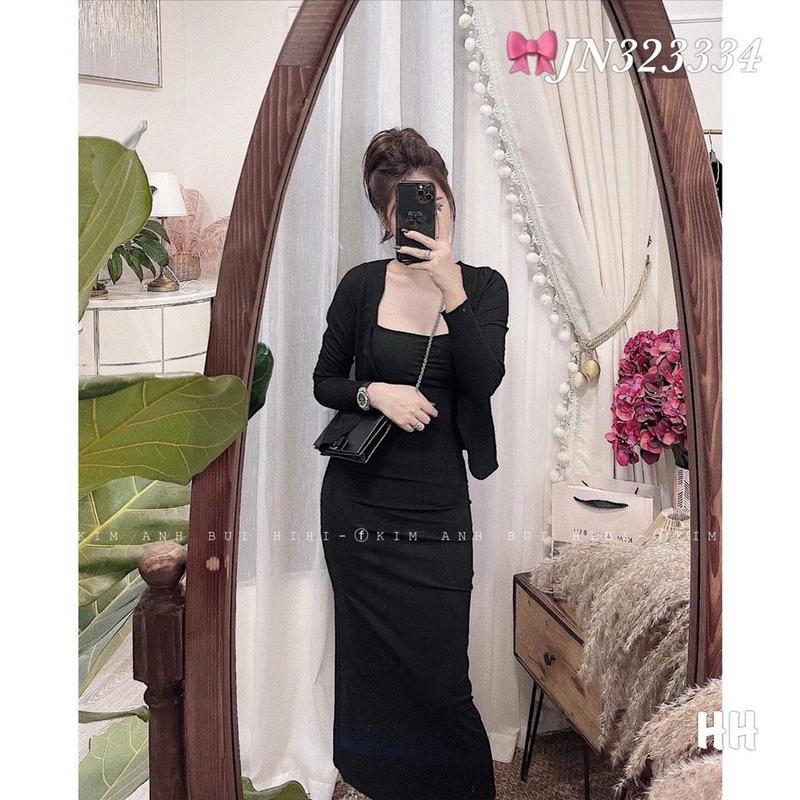 [MẪU MỚI] Set Đầm Phom Dài Kèm Áo Khoác Chất Thun Gân Thích Hợp Mặc Đi Tiệc Đi Làm Đi Chơi 1