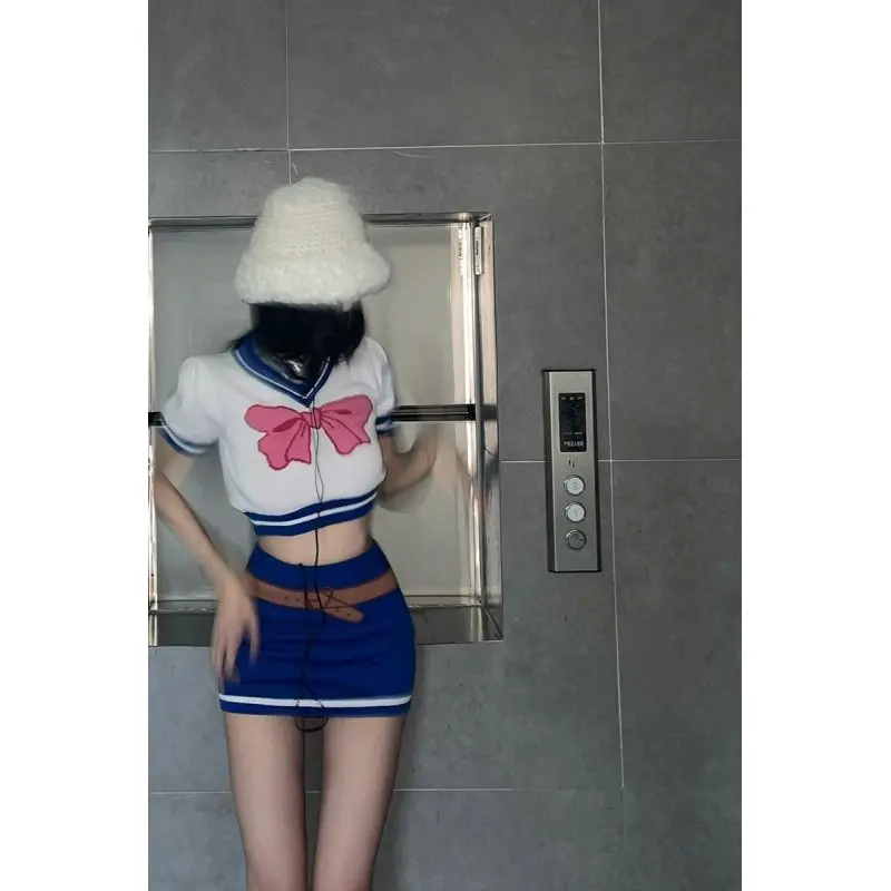Preppy Style JK Uniform Puff Sleeve Stitching Contrast Color Short T-shirt Top New Package Hip Skirt Suit Women's Summer