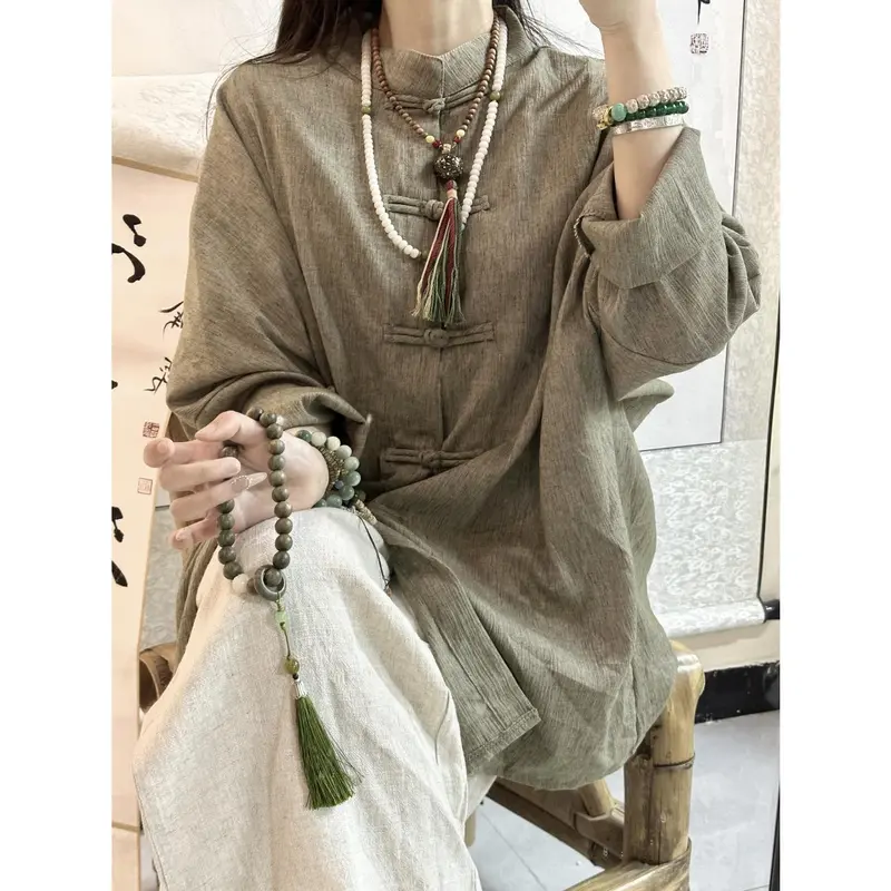 Áo Sơ Mi Cotton Và Vải Lanh Cho Nữ, Áo Có Nút Thắt Trung Quốc, Quần Áo Trà Mùa Hè, Cảm Giác Lạnh Zen, Mặc, Dáng Rộng 1