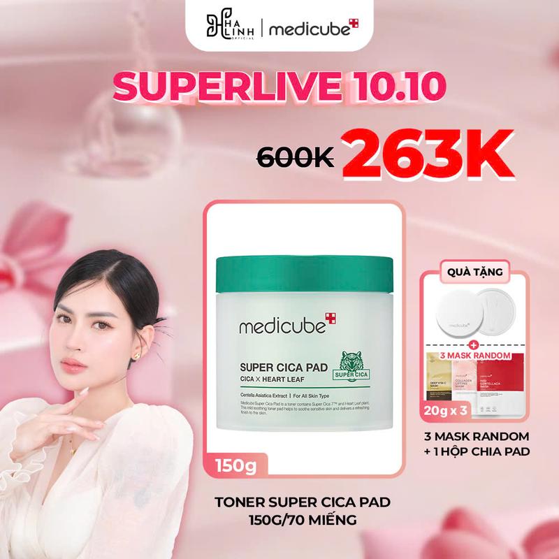 [Võ Hà Linh x medicube] Toner Dịu Da Nhạy Cảm Super Cica Pad  155g/70 miếng (Tặng hộp chia pad case + 3 mặt nạ random 20gx3)