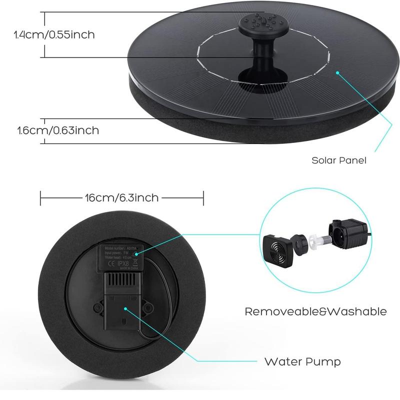 Product Introduction of Solar Fountain, Solar Bird Bath Fountain Pump with 6 Nozzles, Outdoor Watering Submersible Pump for Ponds, Swimming Pools, Gardens, Fish Tanks, Aquariums 1