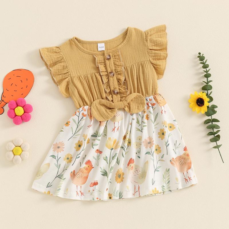Product Introduction of Girls A-line Dress, Fly Sleeve Crew Neck Bow Chicken Print Casual Dress Summer Dress 38