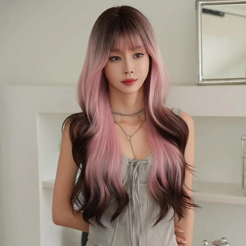 Wig, women's long curly hair, bangs, pink coffee, gradually changing, fiber head cover, high-temperature silk simulation, full top cover, long hair