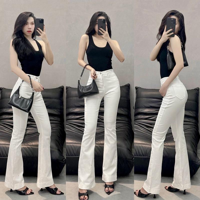 YURI JEANS - Quần Jean Nữ From Loe Màu Trắng Lai 3 Phân